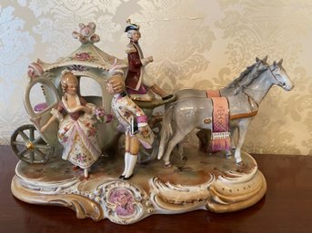 Antique German Porcelain 15' Horses And Carriage Statue.