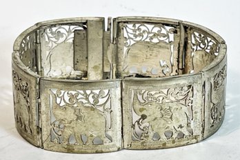 Antique Elephant Sterling Silver  Panel Bracelet Unmarked