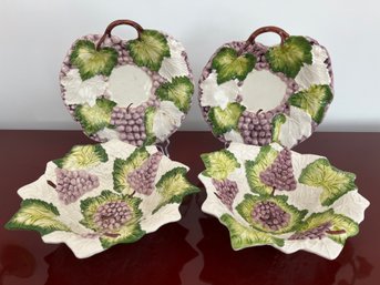 4 Piece Majolica Style Ceramic Grape Themed Bowls & Shallow Dishes