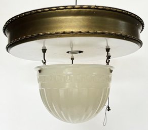 An Elegant Vintage Bronze And Milk Glass Flush Mount Ceiling Fixture