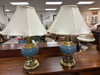 Pair Of Brass And Teal Ceramic Lamps With Fabric Shades