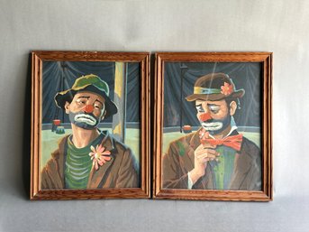 Two Handpainted Clown Art Framed Paintings
