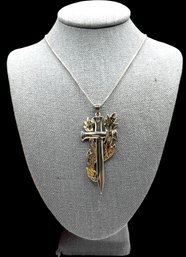 Vintage Italian Sterling Silver Long Chain With  AYIN ZAYIN Sword Cross With Vermeil Flames Pendant Necklace