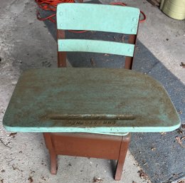 Small Metal Childs Vintage One Piece Desk And Chair