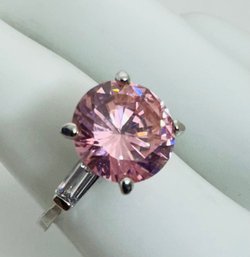 PRETTY SILVER TONE PINK AND WHITE CZ RING