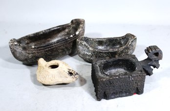 Lot Four Ancient And Antique Pottery And Soapstone Fat Lamps