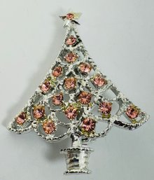 SILVER TONE PINK RHINESTONE CHRISTMAS TREE BROOCH