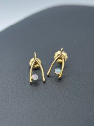 Opal & Wishbone Style 10k Yellow Gold Stud Earrings