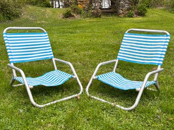 A Pair Of Vintage Aluminum And Striped Linen Beach Chairs, C. 1980's