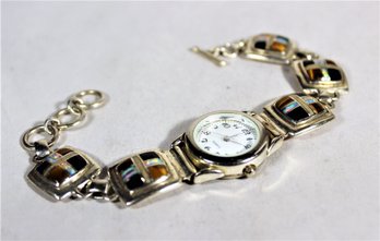 Contemporary Sterling Silver Bracelet Watch Having Opal Stones