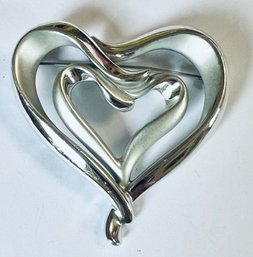 SIGNED SILVER TONE DOUBLE HEART BROOCH