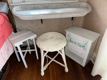 Wicker Wall Cabinet, Wall Shelf, Stool & Small Table ~ 4 Pc Lot ~