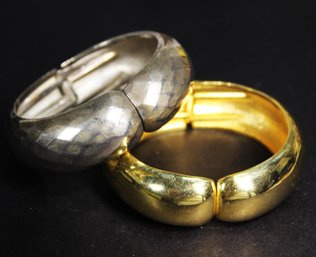 Two Vintage Gold Tone And Silver Tone Hinged Cuff Bracelets