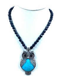 Silvertone & Faux Turquoise Owl Pendant Necklace