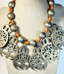 Large Silver Ethnographic Coral Necklace Having Large Pendants Antique