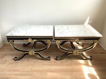 Pair Of Rococo Style Cerule Marble Top End Tables