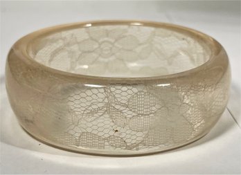 Vintage Lucite Plastic Bangle Bracelet Having Embedded Lace