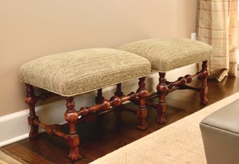 Set Of 2 Chenille Upholstered Rectangular Ottomans With Wood Turned Bobbins Frame