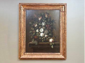 An 18th Century Continental School Still Life Oil On Canvas - 'Still Life Of Flowers On Stone Ledge'