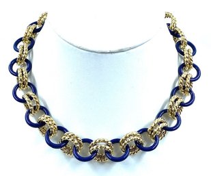Designer Signed George Double Goldtone & Single Navy Ring Chain Necklace