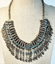 Middle Eastern Turquoise And Sterling Silver Necklace Having Fringe16'