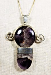 Large Sterling Silver Genuine Amethyst Pendant Necklace Gold On Sterling Chain