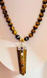 SILVER TONE AND TIGER EYE BEAD PENDANT NECKLACE