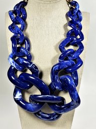 Fine Large Blue Marbleized Plastic Curb Link Gold Tone Designer Necklace