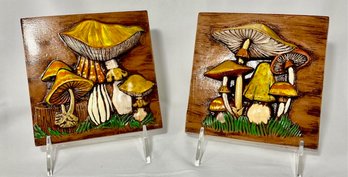 Pair Of Vintage Retro Mushroom Ceramic Tile Wall Hangings/plaques