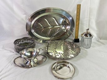 Assorted Silver & Nickel Silver Plated Collection: Sheffield, Apollo, GM Co, Carving Platter, Etched Glass