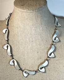 Norway Sterling Silver Mid Century Enamel Necklace In White