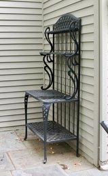 Black Outdoor Bakers Rack With Scrolls And Lattice Work