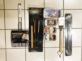 Char Broil Grilling Tools- NOS Burger Basket, Skewers And Tongs & Aluminum Loaf Pans