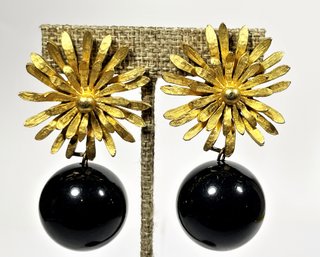 Designer Les Bernard Gold Tone And Black Ball Starburst Clip Earrings