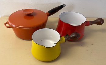 2 Small Vintage  Dansk Designs Pots With Wood Handles & Vintage Orange COPCO Pot With Cover