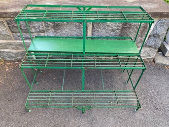 Vintage Green Painted Metal Plant Stand With Wood Shelf