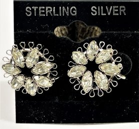 Pair Vintage Screw Back Sterling Silver White Rhinestone Earrings