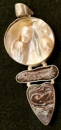 Vintage 925 Mother Of Pearl - Abalone - Sterling Silver - Large Pendant - 3.25 H