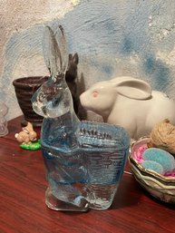 Vtg Blue Glass Easter Bunny Covered Candy Dish