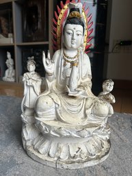 Antique Chinese Carved Wood Temple Statue Of KWAN YIN With Attendants