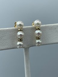 Elegant 3 Pearl Earrings In 14k Yellow Gold