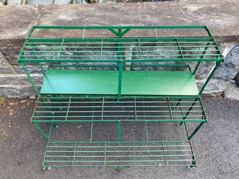 Vintage Green Painted Metal Plant Stand With Wood Shelf