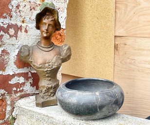 An Antique Bronze Bust And Black Basaltes Bowl