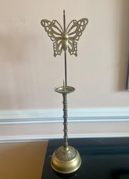 Vintage Korean Choson Etched Brass Candle Holder With Butterfly Reflector