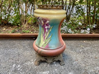 Hand Painted Glass Oil Lamp Base, Iris Decorated