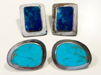 Two Pair Vintage Modern Earrings By NG Jewelry:  Turquoise And Cobalt In Sterling Settings