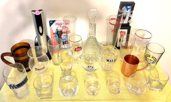 Bar Lot With Decanter, Oster Electric Wine Opener, Branded Beer & Whiskey Glasses, Wine Corks, More