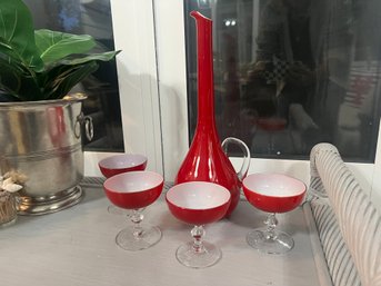 Carlo Moretti Red Cased Glass Pitcher And Coupe Glasses