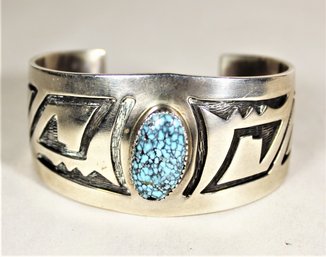 Signed S. Tom Navajo Sterling Silver Heavy Cuff Bracelet W Turquoise Stone