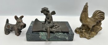 3 Vintage Bronze Figurines Including Angel On Marble Base